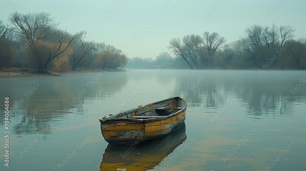 Poster   A small boat rests in the lattice's heart, fog cloaking its mirror-like surface and a handful of trees framing the backdrop