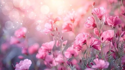   A sunny day scene with numerous pink blooms and a beaming backdrop of light