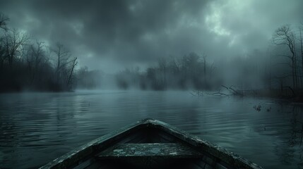   A boat floats on a lake's surface, adjacent to a dense forest teeming with trees The sky above is shrouded in ominous dark clouds