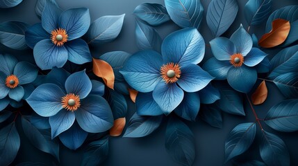   Blue flowers in a cluster, sporting green leaves against a blue backdrop Their centers are white, encircled by orange and blue foliage