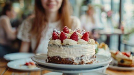Strawberry Cake Close-up with Woman in Background. insulin resistance and sweets - obrazy, fototapety, plakaty