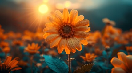   A sunflower, its yellow petals framing a center disc, stands in the open field Sunlight filters through its emerald leaves, casting dappled patterns on the earth - obrazy, fototapety, plakaty