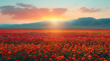   A field filled with red flowers as the sun sets in the distance, with mountains silhouetted against the backdrop