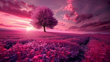   A solitary tree in a field at sunset, flowers pink in the foreground - obrazy, fototapety, plakaty