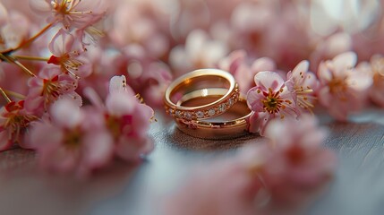 Obraz na płótnie Canvas A pair of wedding rings atop a table, surrounded by a bouquet of pink flowers