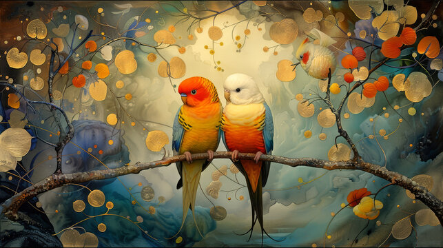   Two birds atop a branch, before a painted tree..With hues of yellow and red leaves