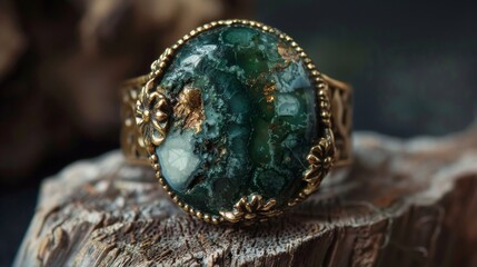 Antique Gold Ring with Moss Agate Stone