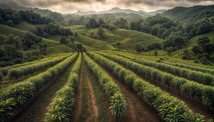 Fototapeta na wymiar Coffee plantation. High mountain coffee plantation. Fantastic mountain landscape. Sunset coffee harvest