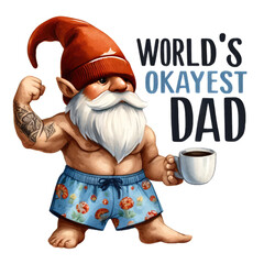 Father's Day Gnome. Father's Day. Watercolor style. Phrases to express love to father on Father's Day, white background