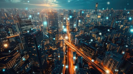Digitally enhanced image illustrating a bustling smart city network with glowing connections and...