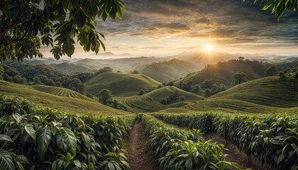 Coffee plantation. Highland coffee plantation. Fantastic evening mountain landscape. Sunset coffee terraces