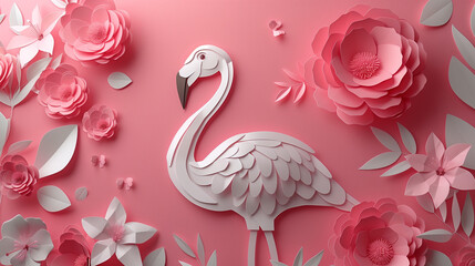 Pink flamingos summer theme concept - papercut style