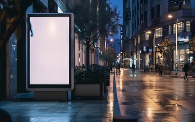 Mockup, Blank white vertical advertising banner billboard stand on the sidewalk at night