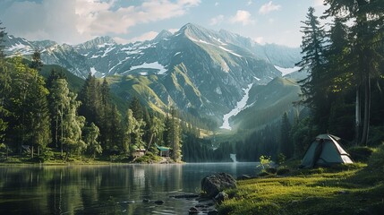 A magazine shows a picture of a mountain in a forest. A green meadow and a camp tent are next to a lake. It's like it's a 3D picture. Travel and camping are the main ideas.