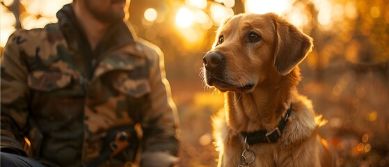 Veteran's Loyal Companion: A Service Dog's Dedication in Golden Hour. Concept Veteran, Service Dogs, Golden Hour, Companionship, Dedication