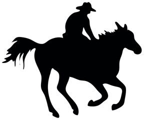 Black and white vector flat illustration: Barrel racing western horse and rider silhouette