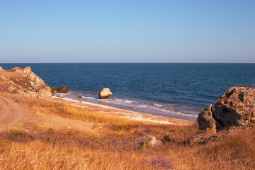 Autumn seascape. Rocky Bay on the Azov Sea, Crimean beaches.