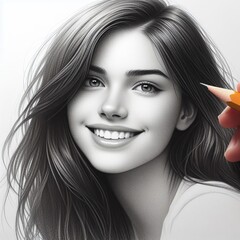 Naklejka premium Simple black and white drawing portrait of a cute girl with long dark hair who is smiling, white background
