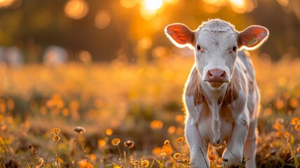   A tight shot of a cow grazing in a lush grassland filled with wildflowers Sunlight filters through the tree canopy behind