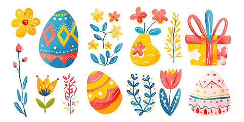 Hand drawn abstract Easter items, Easter eggs, gifts, decorations