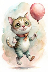 A   cat with wide, adorable eyes is holding a pink balloon with its paw and appears to be stepping forward in a cheerful manner