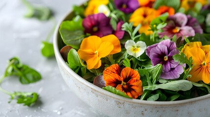 Healthful Diet Choice: Organic Salad with Vibrant Edible Petals - obrazy, fototapety, plakaty