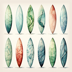 Watercolor Colorful Surfboard Illustration, Generative Ai