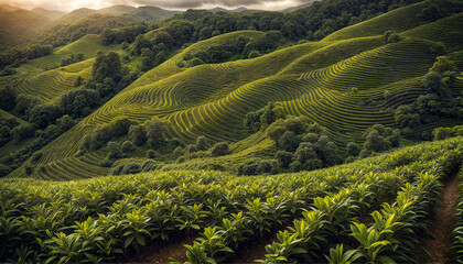 Coffee plantation. High mountain coffee plantation. Fantastic evening mountain landscape. Sunset coffee harvest