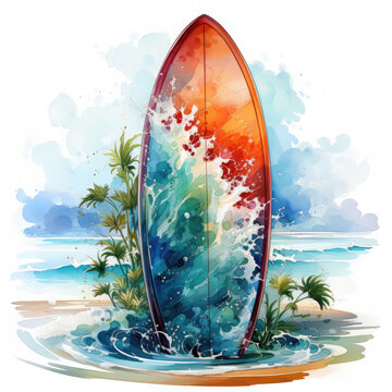 colorful surfboard on beach watercolor clip art preview