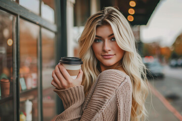 blonde american girl with a coffee in a hand