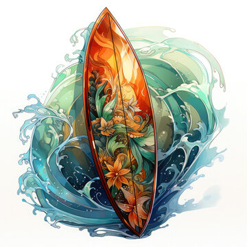 recommend clip art: Watercolor Colorful Surfboard Illustration, Generative Ai