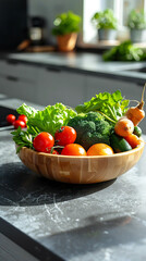 Macro shot of a bowl of vibrant vegetables on a kitchen counter, scandinavian style interior