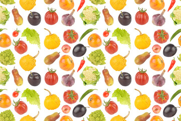 Bright appetizing fruits and vegetables on white. Seamless pattern.