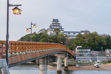 Jyounai bridge and Karatsu castle in city at sunset, Saga, Japan