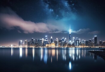 Moonlit Metropolis Reflecting on the Lake. Generative AI