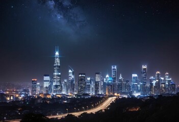Fototapeta premium Glowing Giants: A Nighttime Symphony of Skyscrapers. Generative AI