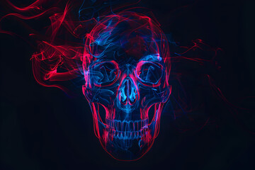 Neon outline skull shape in dark void isolated on black background.