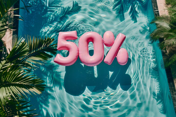 Summer sale 50 percent discount. Overhead view of a swimming pool with inflatable pool floats - 784009817