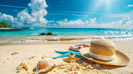 Tropical beach with sunbathing accessories summer