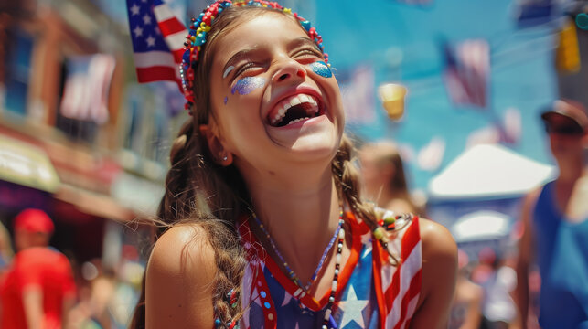 group of cheerful people with American flags on American Independence Day, festival, holiday, patriots, USA, national symbol, street, city, 4th of July, New York, faces, smiles