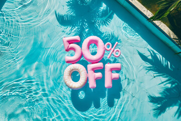 Summer sale 50 percent discount. Overhead view of a swimming pool with inflatable pool floats - 784010000