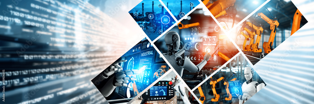 Poster automated ai industry robot and robotic arms assembly in factory production. concept of artificial i