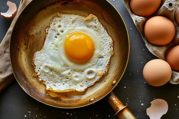 fried egg in a frying pan, raw whole eggs and shells, top view