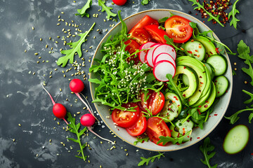 healthy salad of fresh vegetables, tomatoes, avocado, arugula, radishes and sesame seeds in bowl, top view
