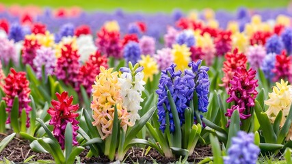 Fototapeta premium Group multicolored blooming hyacinths. Spring landscape.