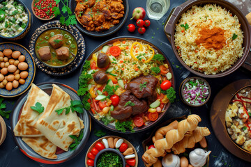saudi food marquq, saleeg kind of Arabian main course complete, rice, meat, herbs - obrazy, fototapety, plakaty