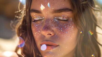 Primo piano di ragazza con crystal make-up, stile Coachella