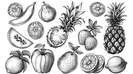 illustration set of fruits, coloring page, contour, black and white, drawing, tropics, food, vitamins, pineapple, apple, banana, exotic