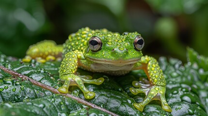 Naklejka premium A tight shot of a frog perched on a leaf, with water beads adorning its back legs and reflective eyes