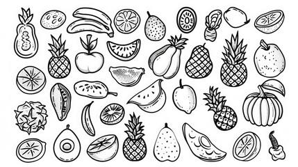 illustration set of fruits, coloring page, contour, black and white, drawing, tropics, food, vitamins, pineapple, apple, banana, exotic